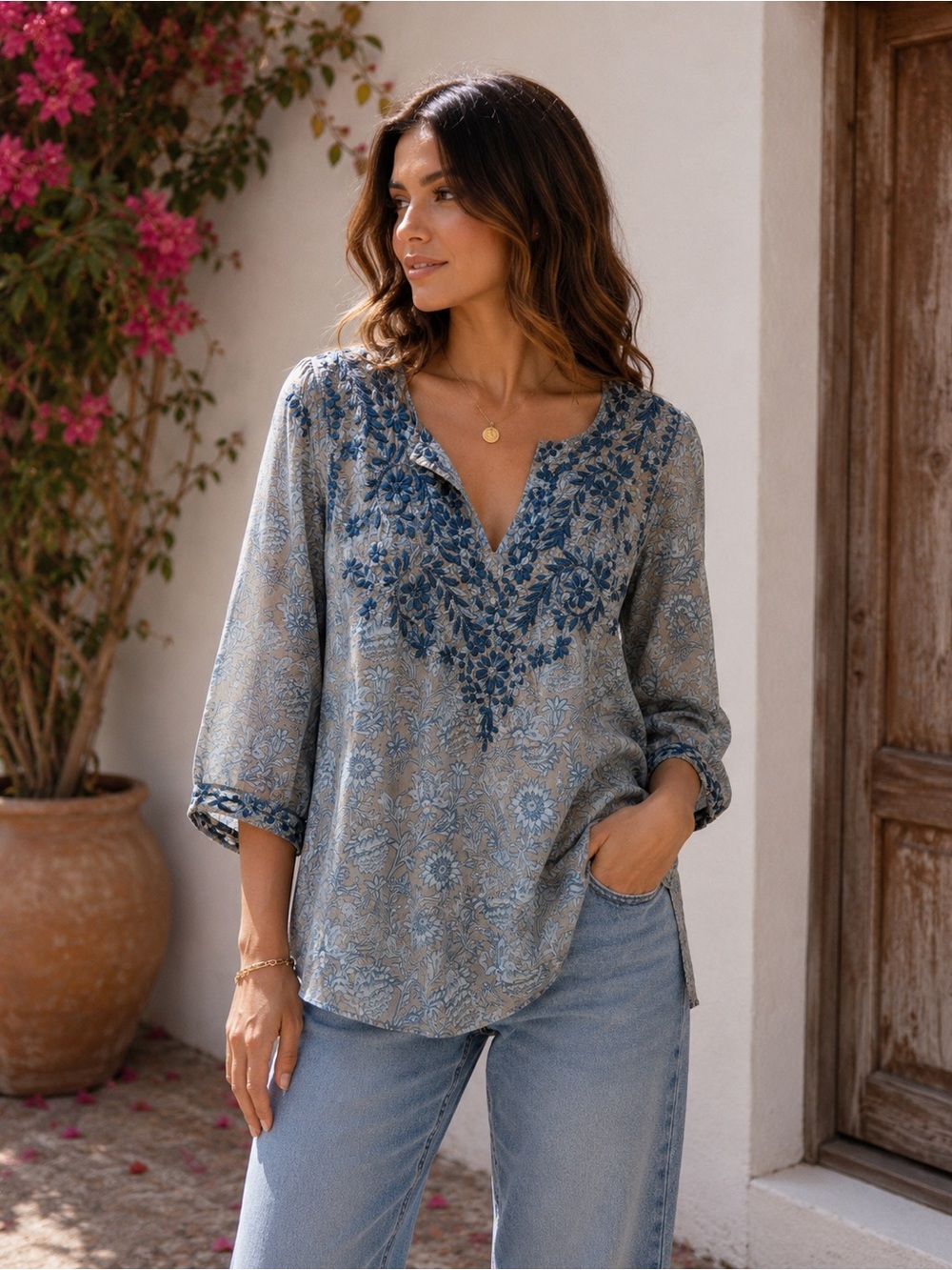 Maya Slate Blue Floral Silk Embroidered V-Neck Tunic